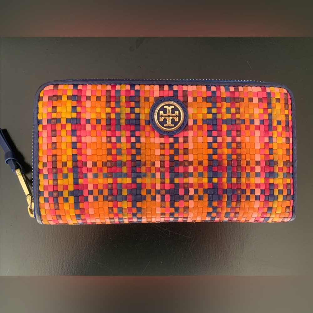 Tory Burch Jane Woven Leather Zip around Wallet Multicolor $235 MSRP